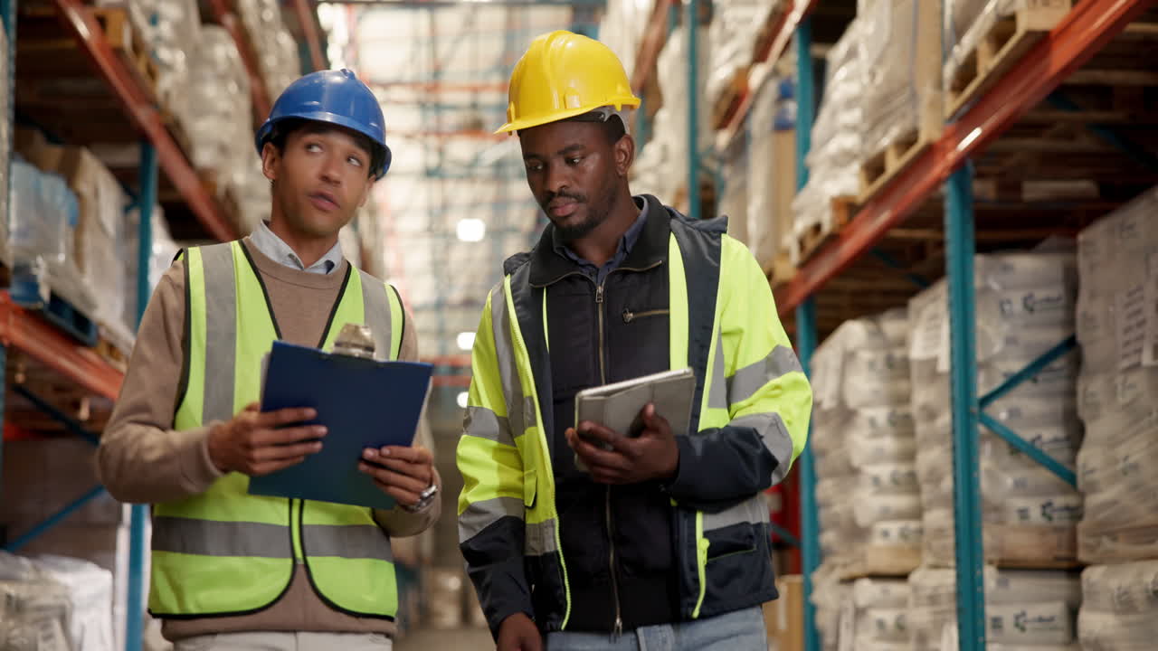 trabajadores del almacén discutiendo el inventario