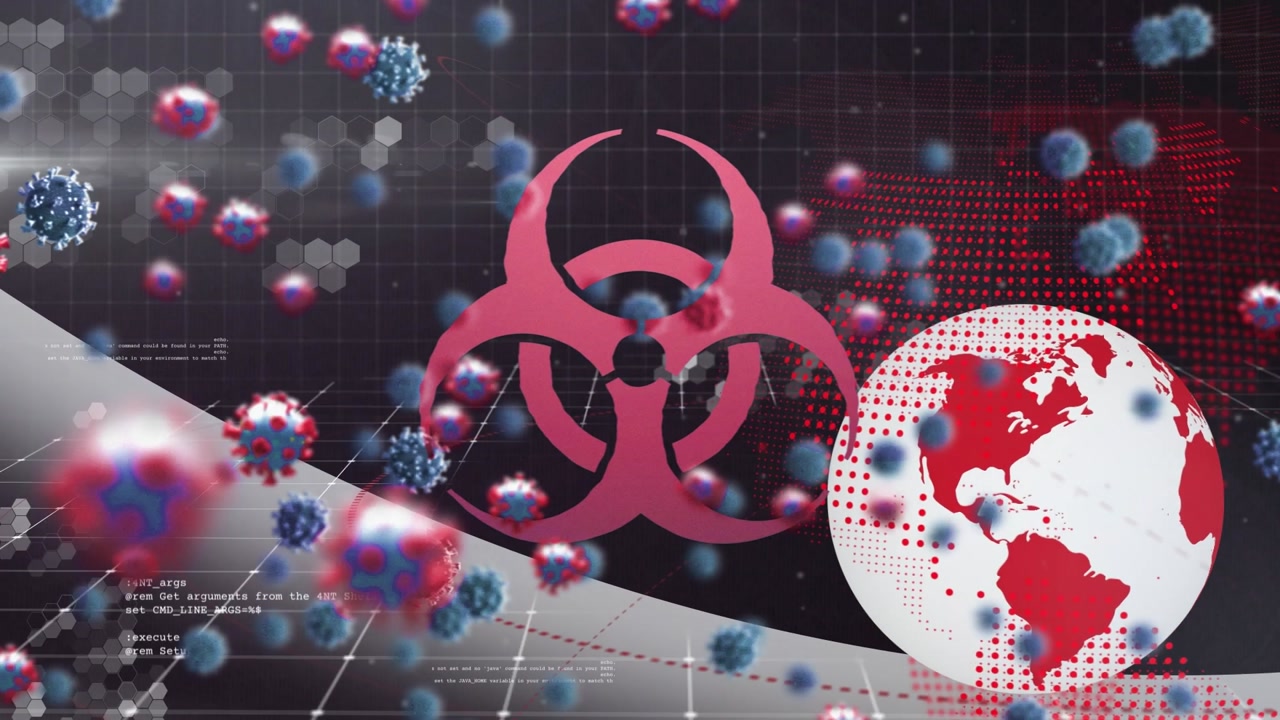 Animation of falling covid 19 cells over globe and warning sign