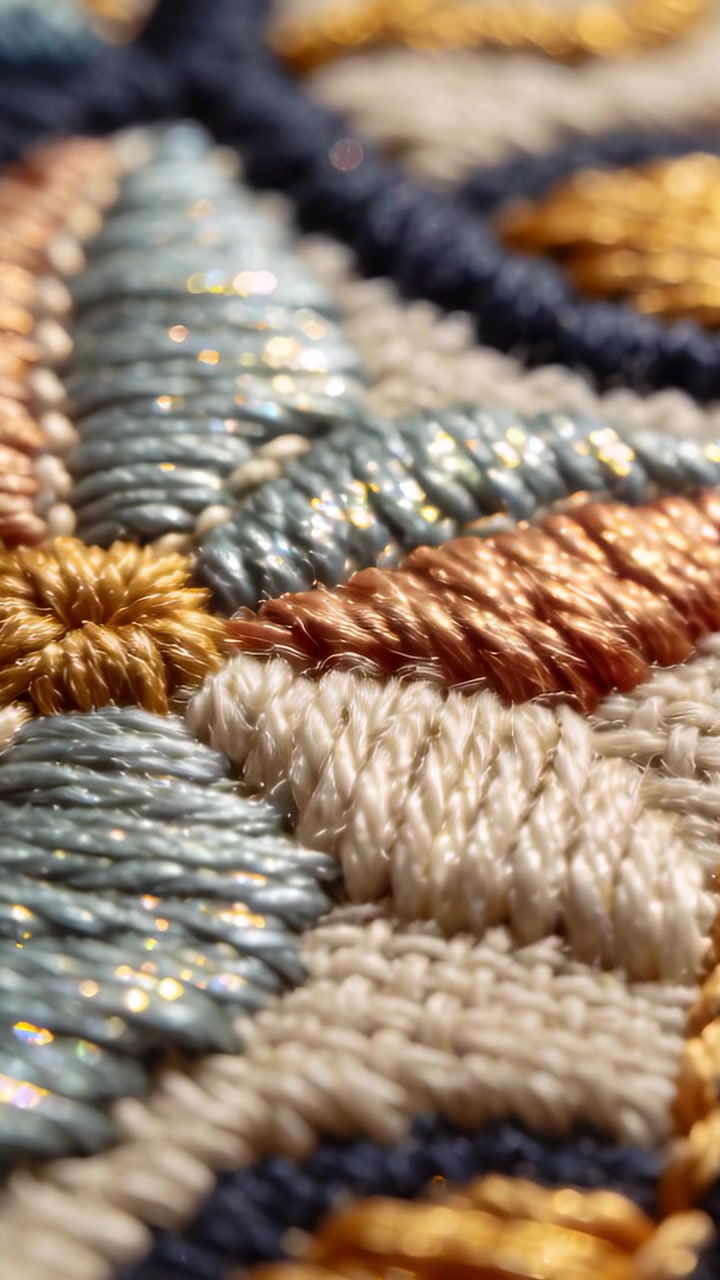 Vertical video: Starting shot, pulling camera near embroidery on table, revealing shine for detail