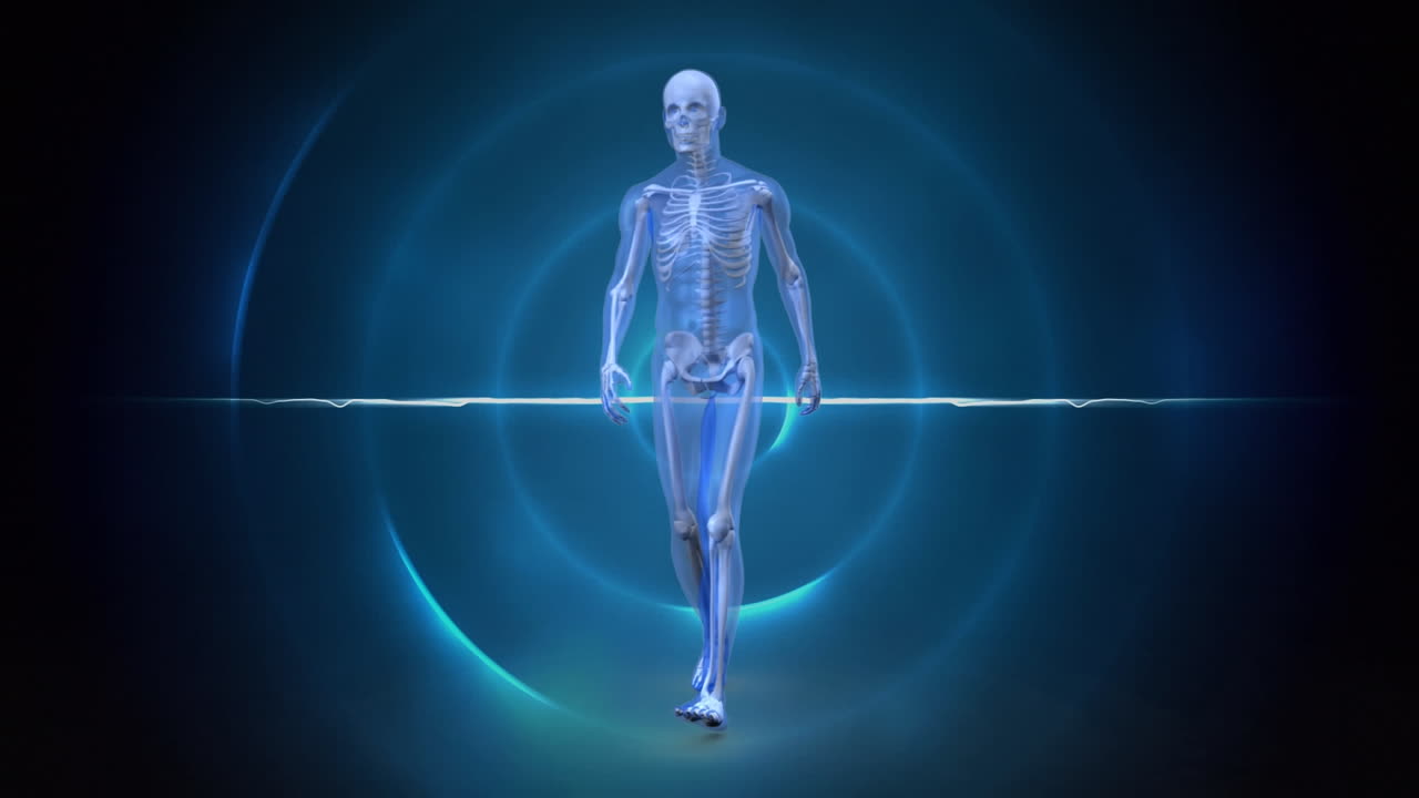 animación de un humano caminando sobre círculos azules