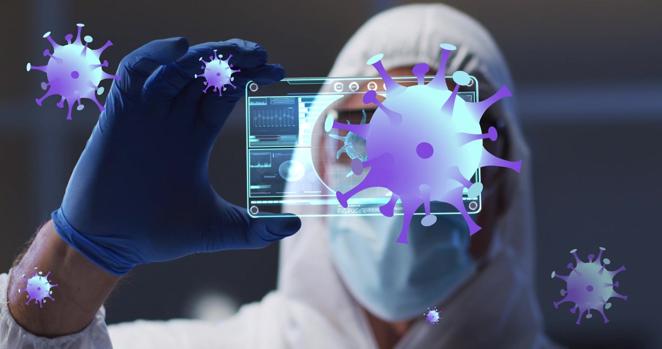 Animation of purple virus cells over caucasian male lab worker in safety clothes with digital card