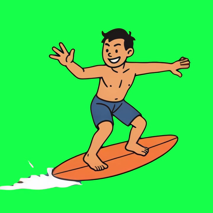 Happy Animated Boy Surfing on a Surfboard with Green Screen Background