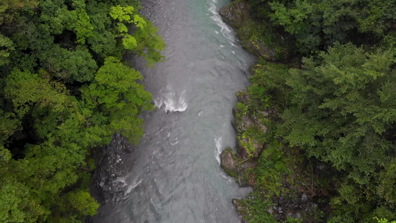Ripresa con drone di un fiume limpido, poco profondo e turchese nel mezzo di una foresta in una giornata nuvolosa e suggestiva.