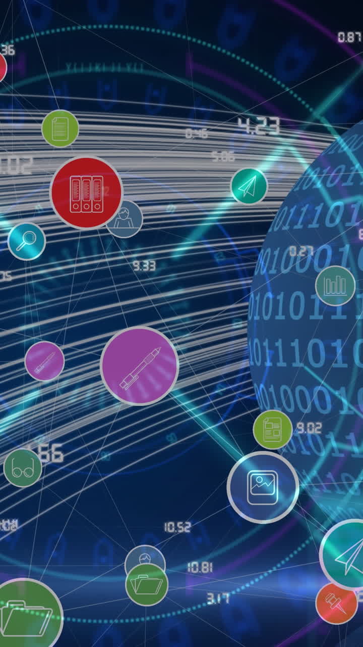 animación de la red de conexiones, iconos y procesamiento de datos en todo el mundo