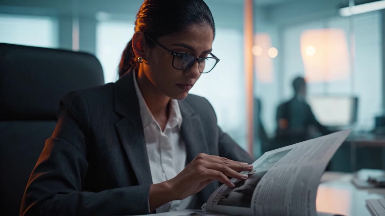 Focused Professional Woman Reviewing Documents in a Modern Office Environment, Showcasing Concentration, Organization, and Workplace Dynamics