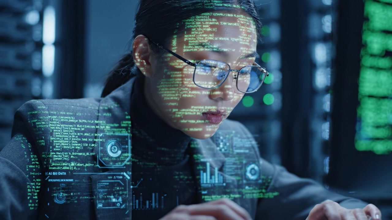 Focused Data Analyst Engaged in High-Tech Data Interpretation in a Server Room with Complex Information Displayed on Her Face and Around Her Workspace
