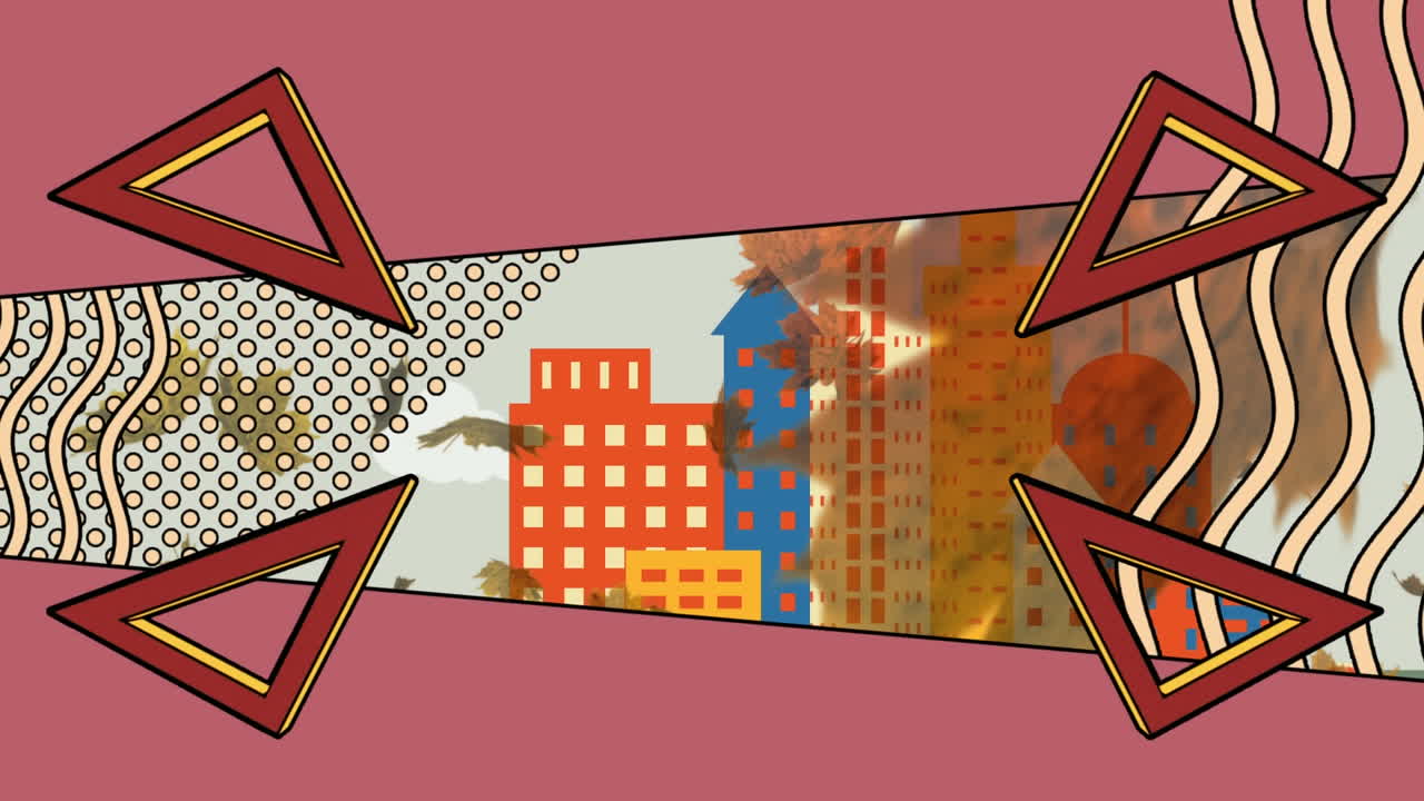 삼각형이 는 애니메이션과 잎이 떨어지는 애니메이션과 핑크색 배경의 점