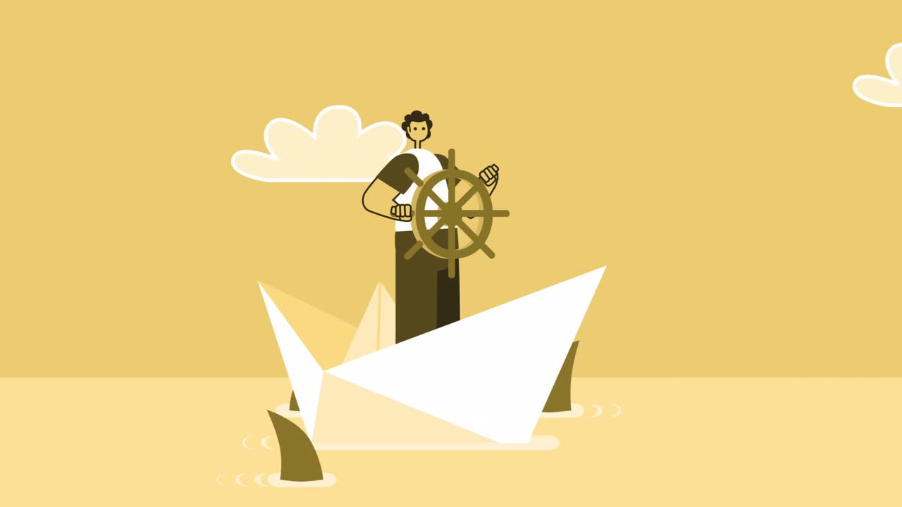 노란색 스타일의 남자, 평평한 캐릭터, 종이 배 배에서 상어에 둘러싸인 항해, 고립된 루프 애니메이션