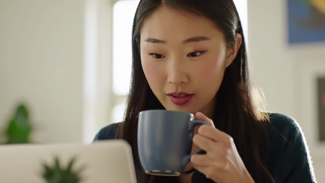 A Young Woman Deep in Thought While Sipping Coffee and Using a Laptop in a Bright, Cozy Environment, Reflecting a Moment of Focus and Reflection