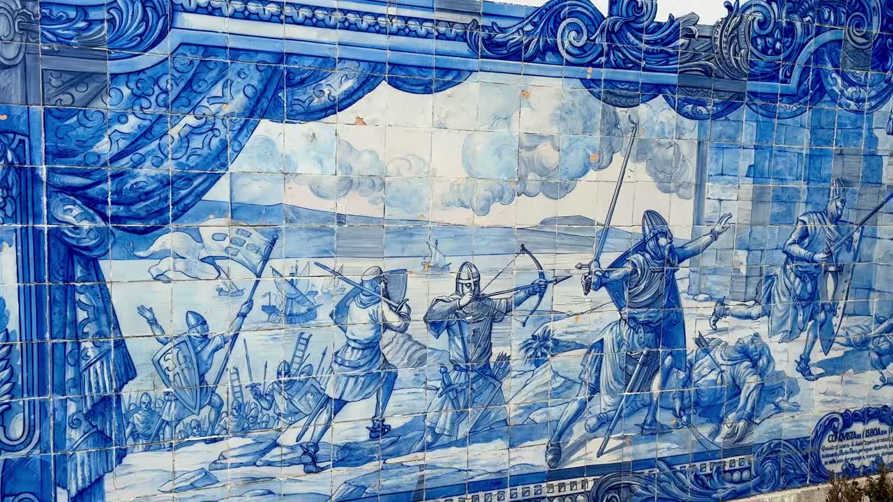 Historical azulejo mosaic at Santa Luzia Viewpoint depicting a battle scene.