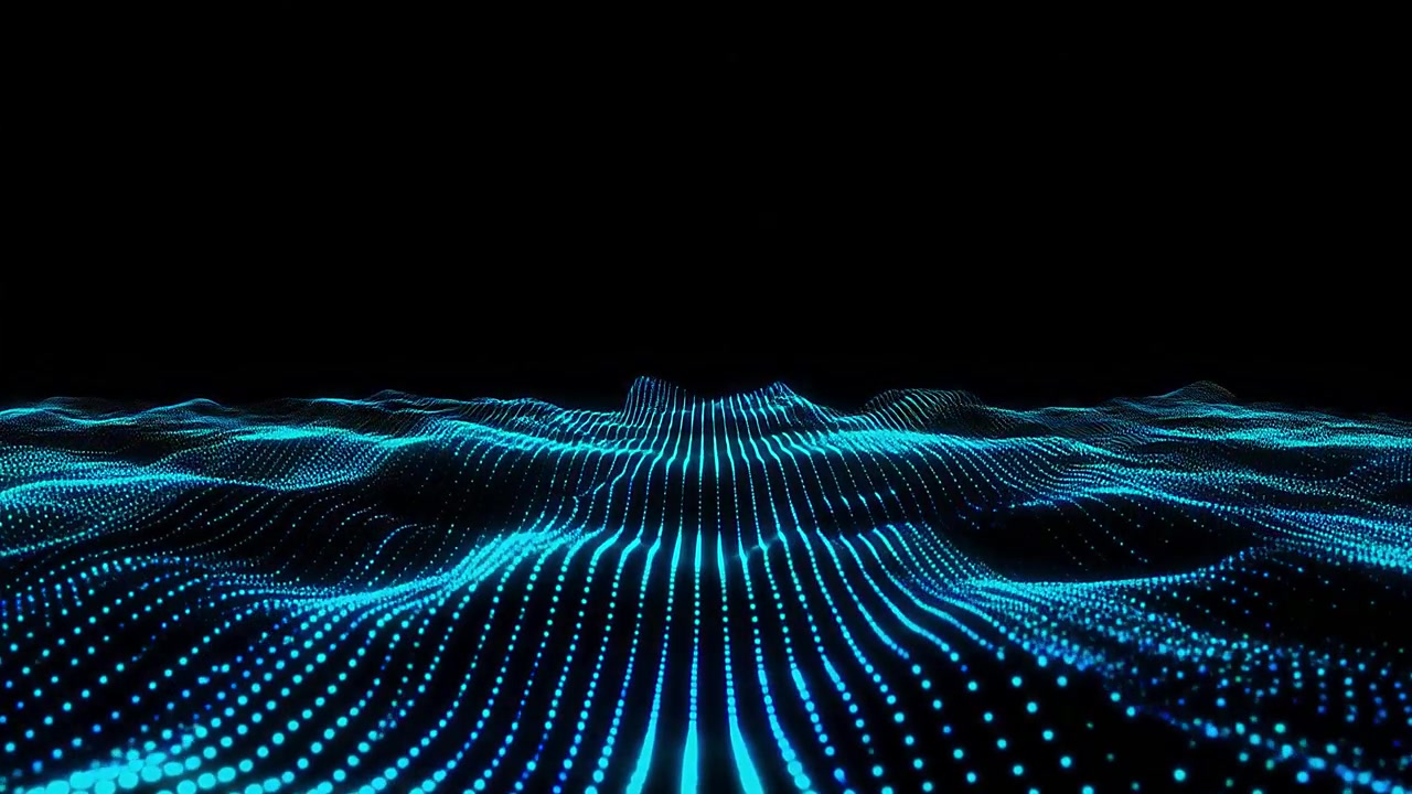 Abstract Digital Landscape of Blue Glowing Particles Moving in Waves