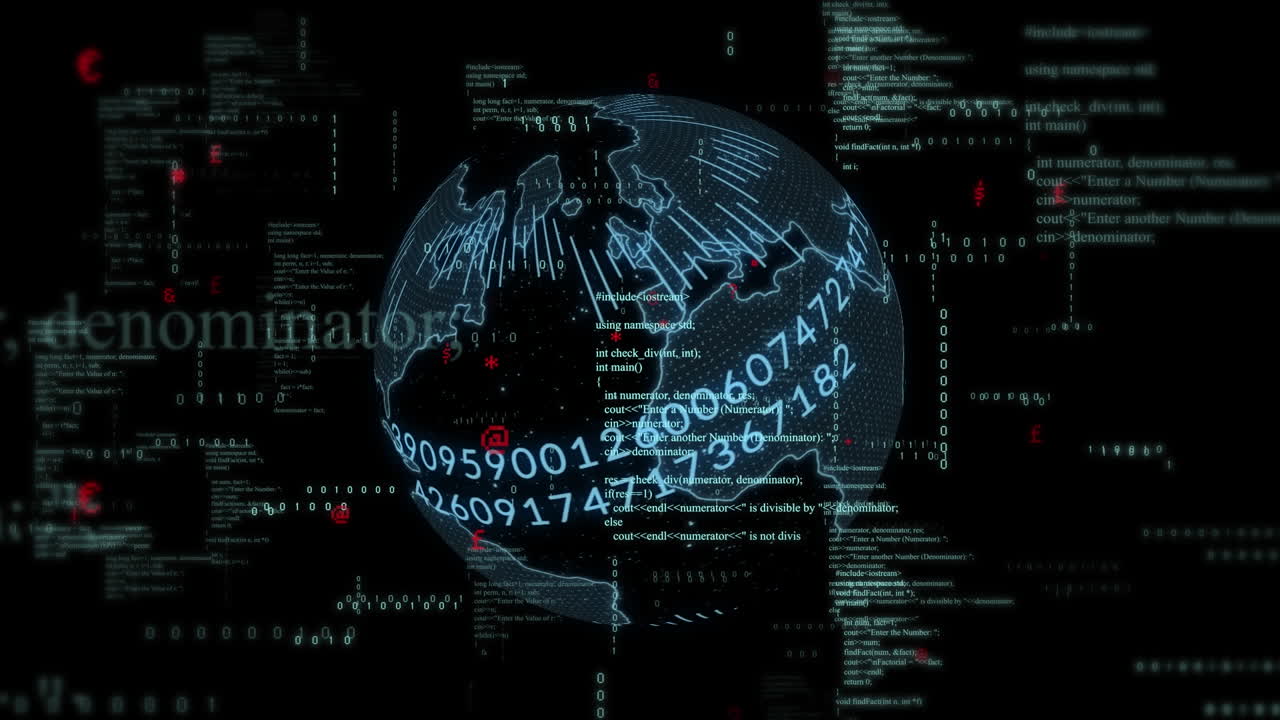 animación del procesamiento de datos y globo sobre fondo negro