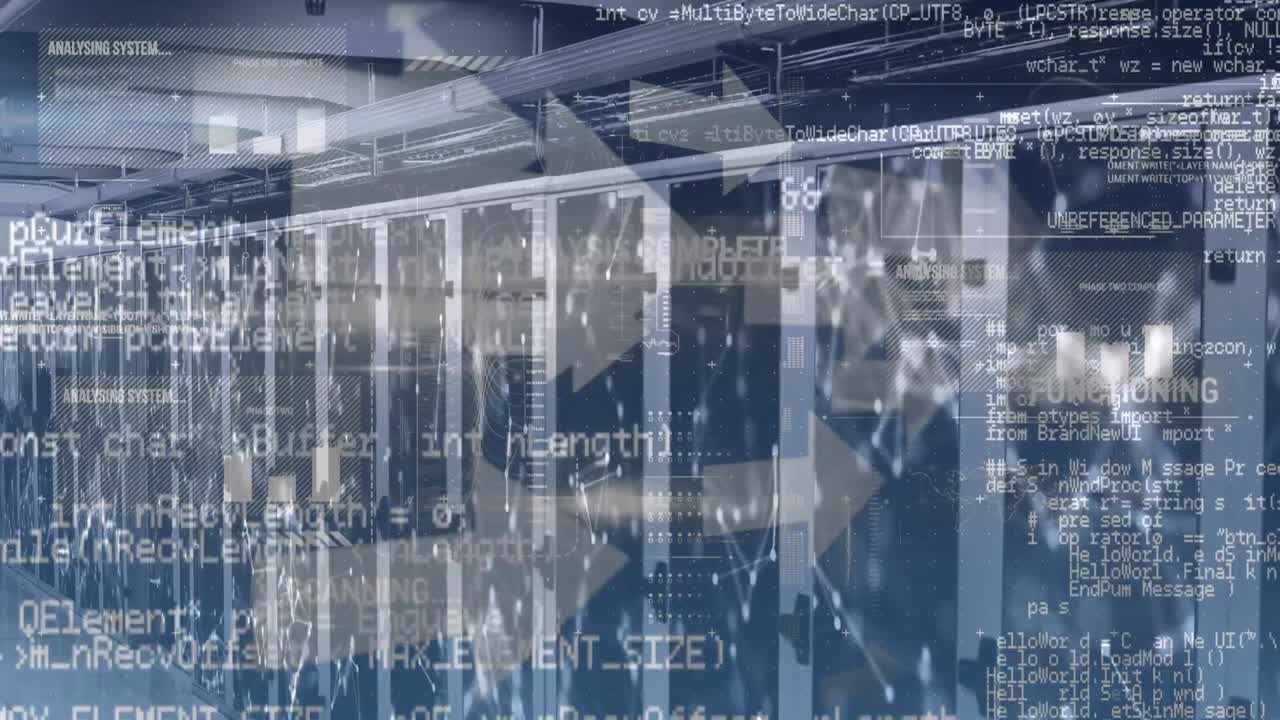Animation of data processing and arrows over servers