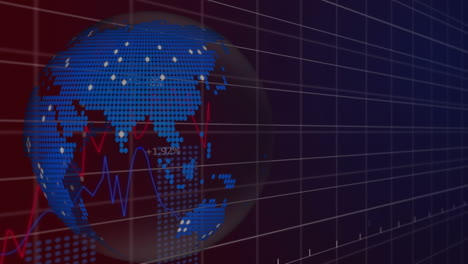 Animación-Del-Procesamiento-De-Datos-Estadísticos-Sobre-Un-Globo-Giratorio-Sobre-Un-Fondo-Degradado-Púrpura