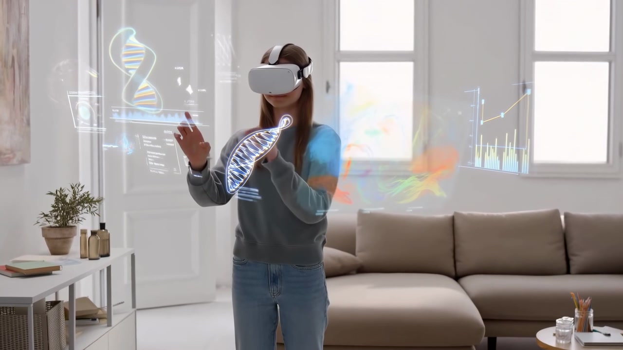 Woman in a contemporary living room using a virtual reality headset and reaching toward floating digital graphics in a sunlit home interior with sofa, table, windows, and indoor plants