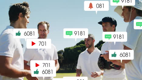 animation of social media icons with growing numbers over diverse male cricket players