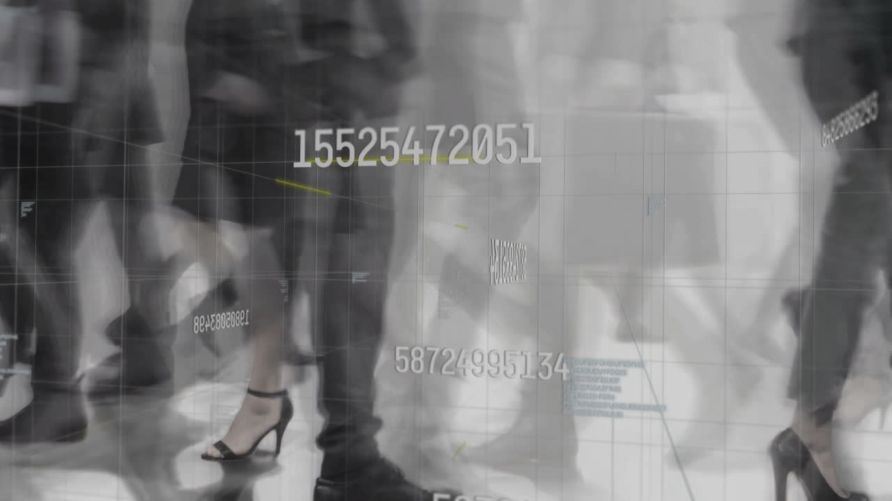 People walking in busy area with numbers and data processing animation over them