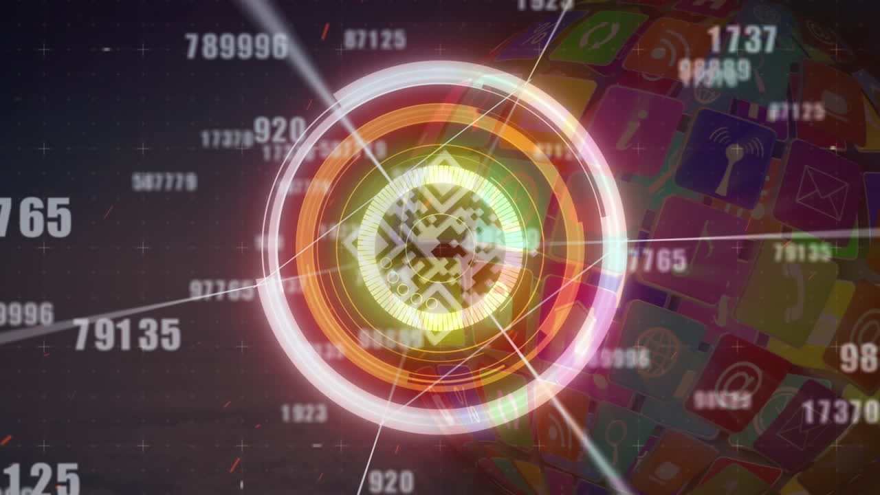 qr 코드와 아이콘으로 전 세계에 대한 데이터 처리의 범위 스캔의 애니메이션