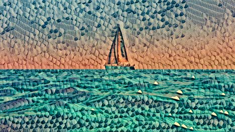 artistic textured animation of small yacht boat sailing at sunset