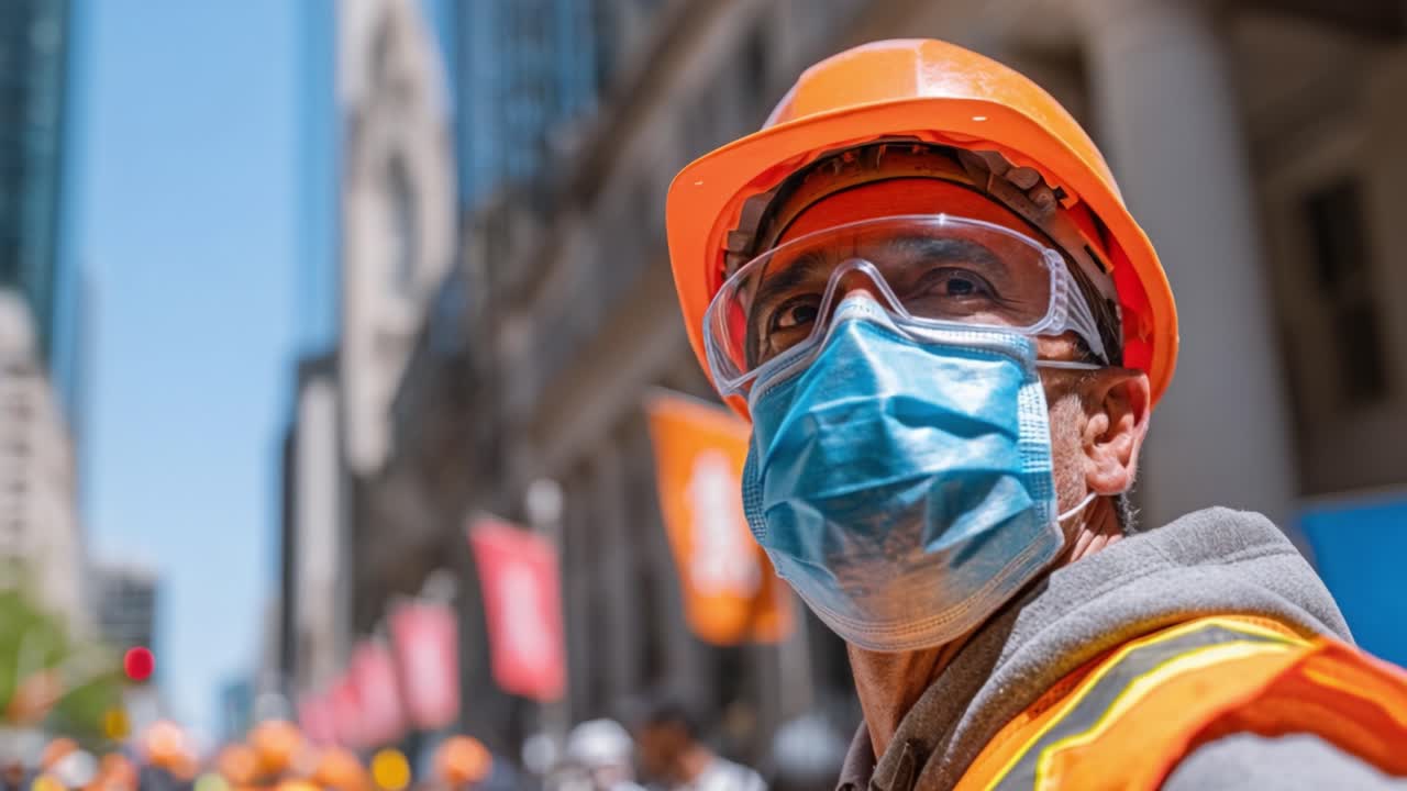 Construction Worker on Site, Wearing Protective Gear and Mask While Observing Surroundings in a Bustling Urban Environment