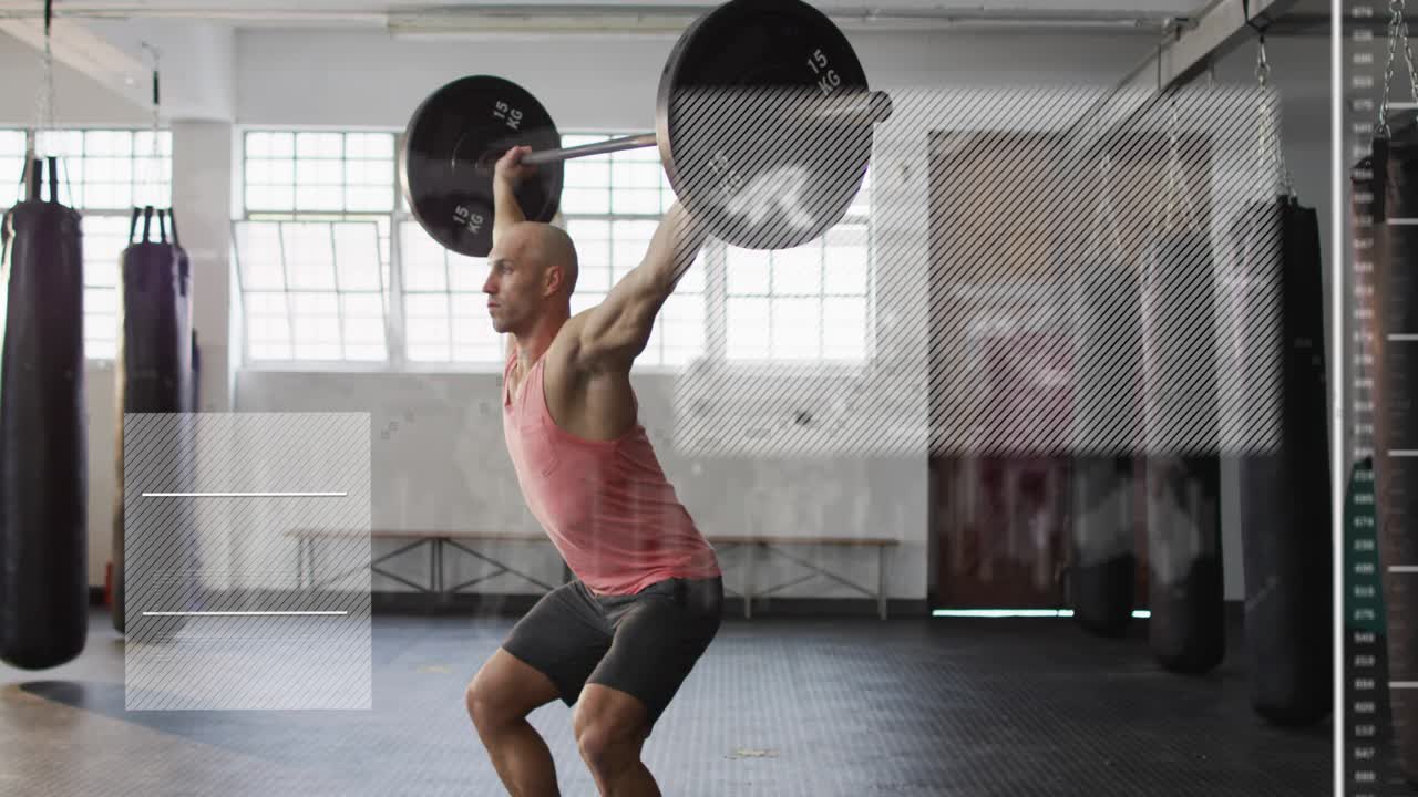 Male lifter holding bar overhead, stabilizing and squatting for fitness right overlays marking form