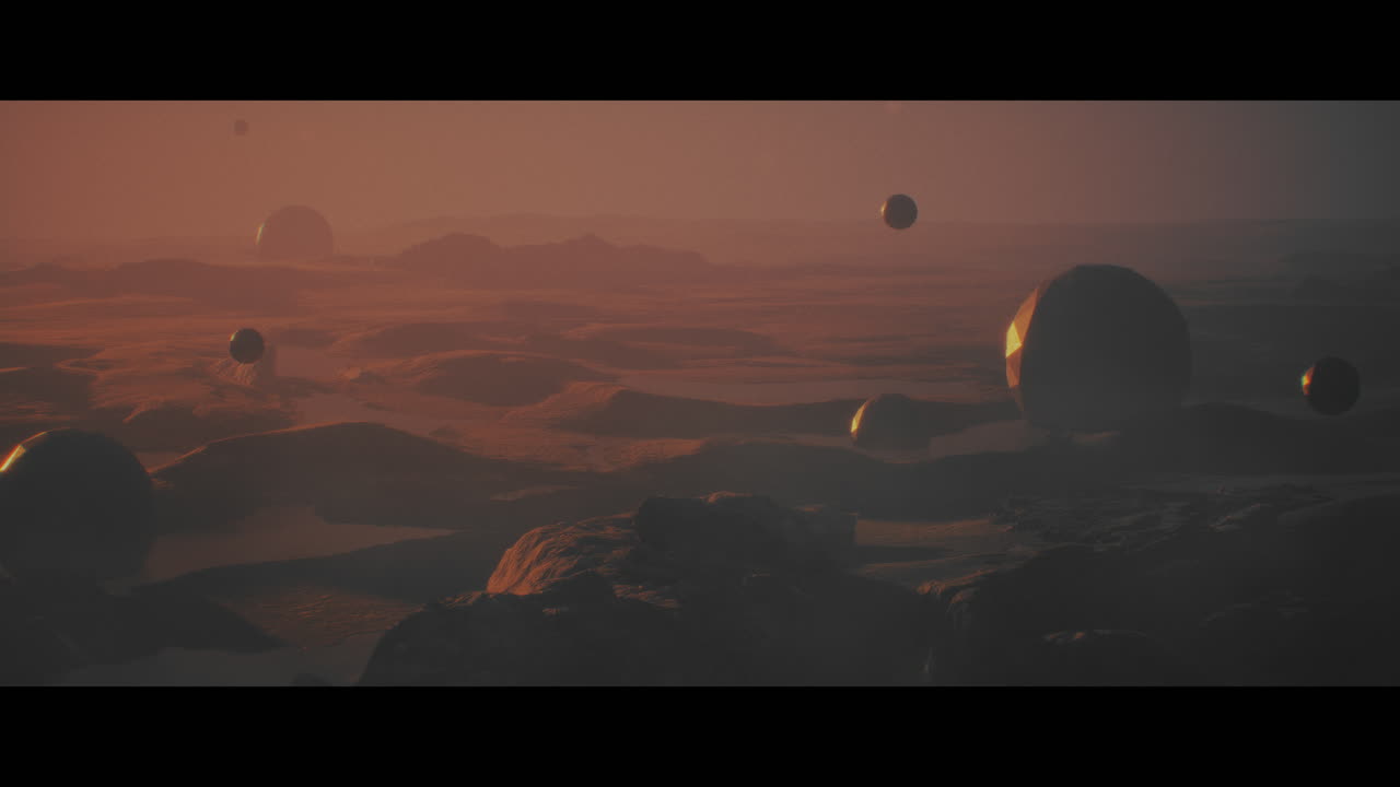 Alien planet desert landscape during sunset with strange sphere-shaped buildings