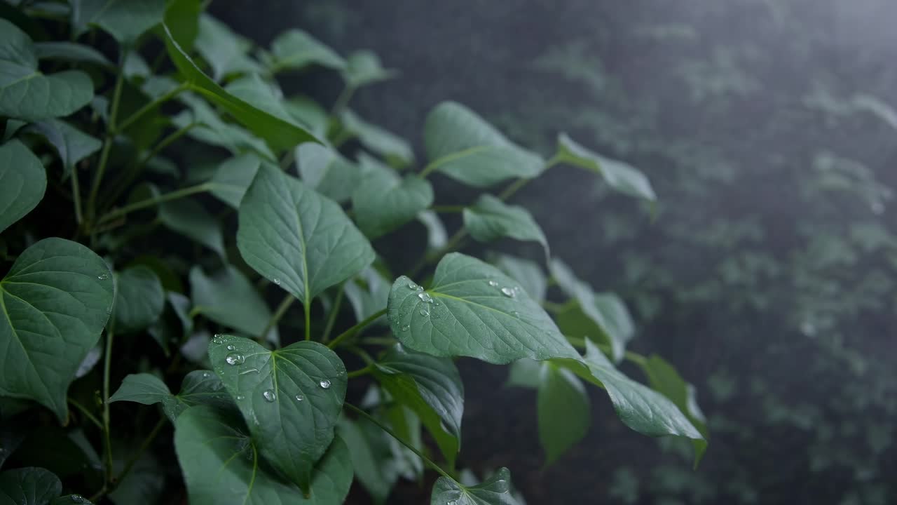 Close-up, side-angle shot of lush green leaves with dewdrops, creating a serene, natural atmosphere
