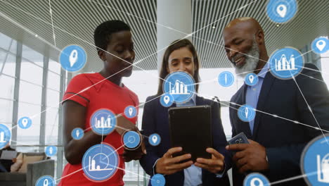 business people using tablet and smartphone, location and data icons animation