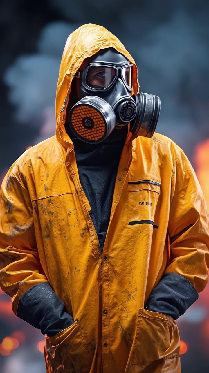 Hombre con un traje amarillo de materiales peligrosos y máscara de gas mirando a su alrededor contra un fondo ardiente