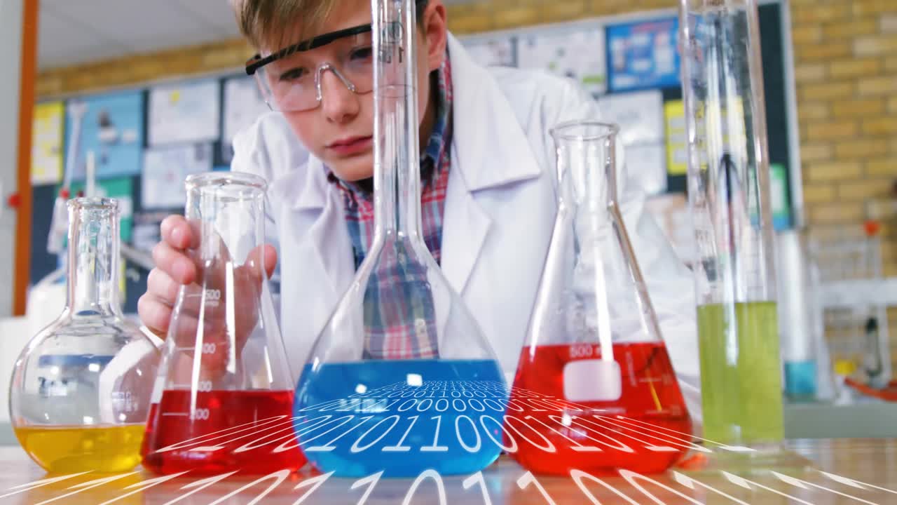 Male pupil reaching for red flask in science lab with binary overlay inspecting solution