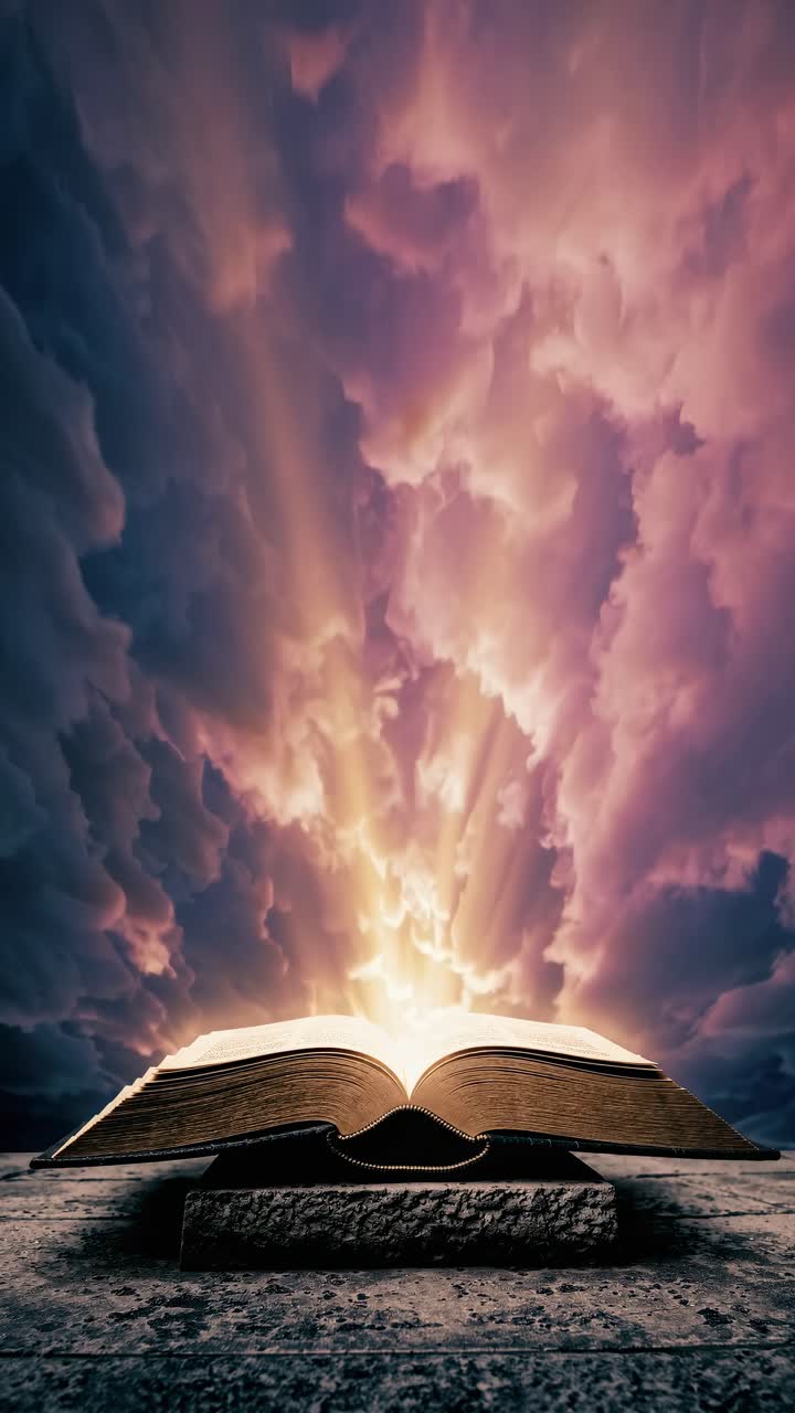 A dramatic low-angle shot of an open book with glowing pages, set against a vivid, cloudy sky