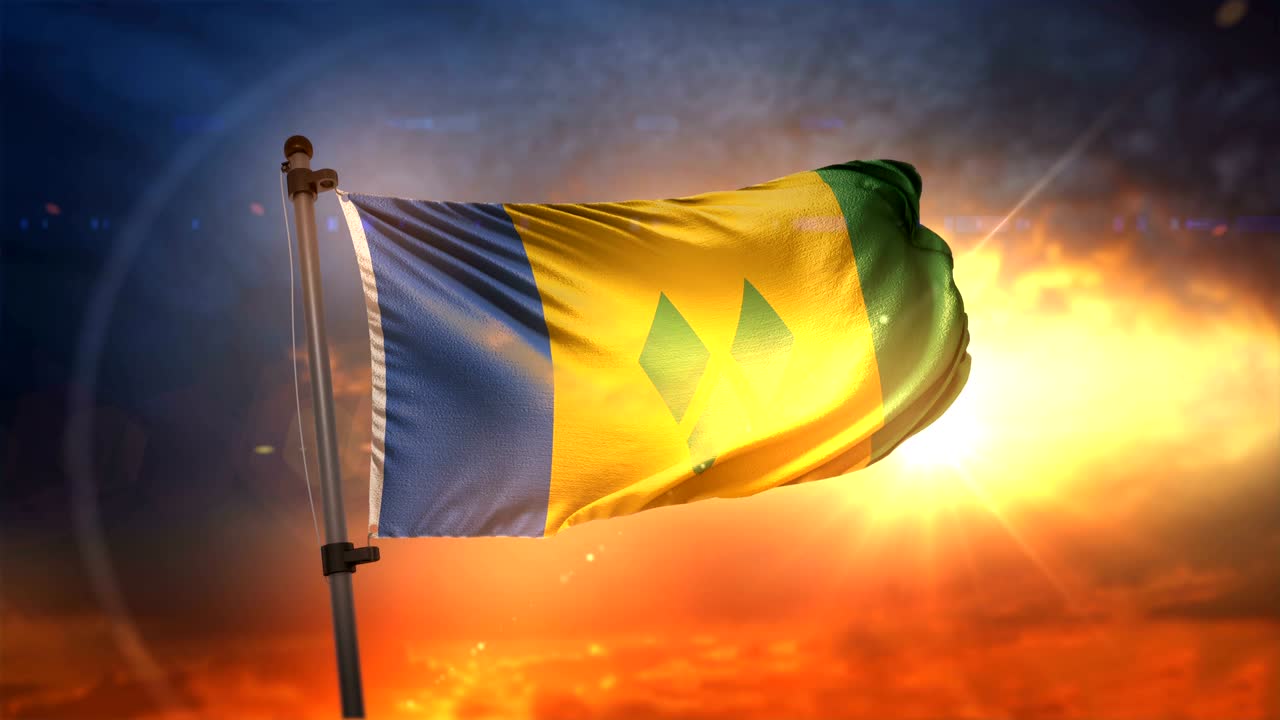 san vicente y las granadinas bandera retroiluminada en hermoso amanecer bucle cámara lenta 4k