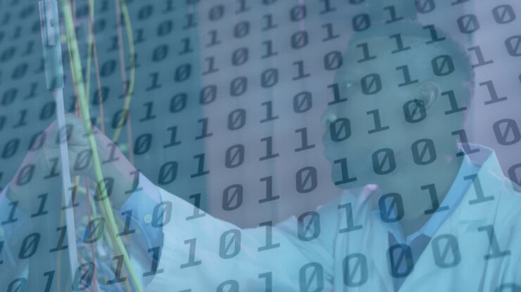 Animation of data processing over african american male worker in server room