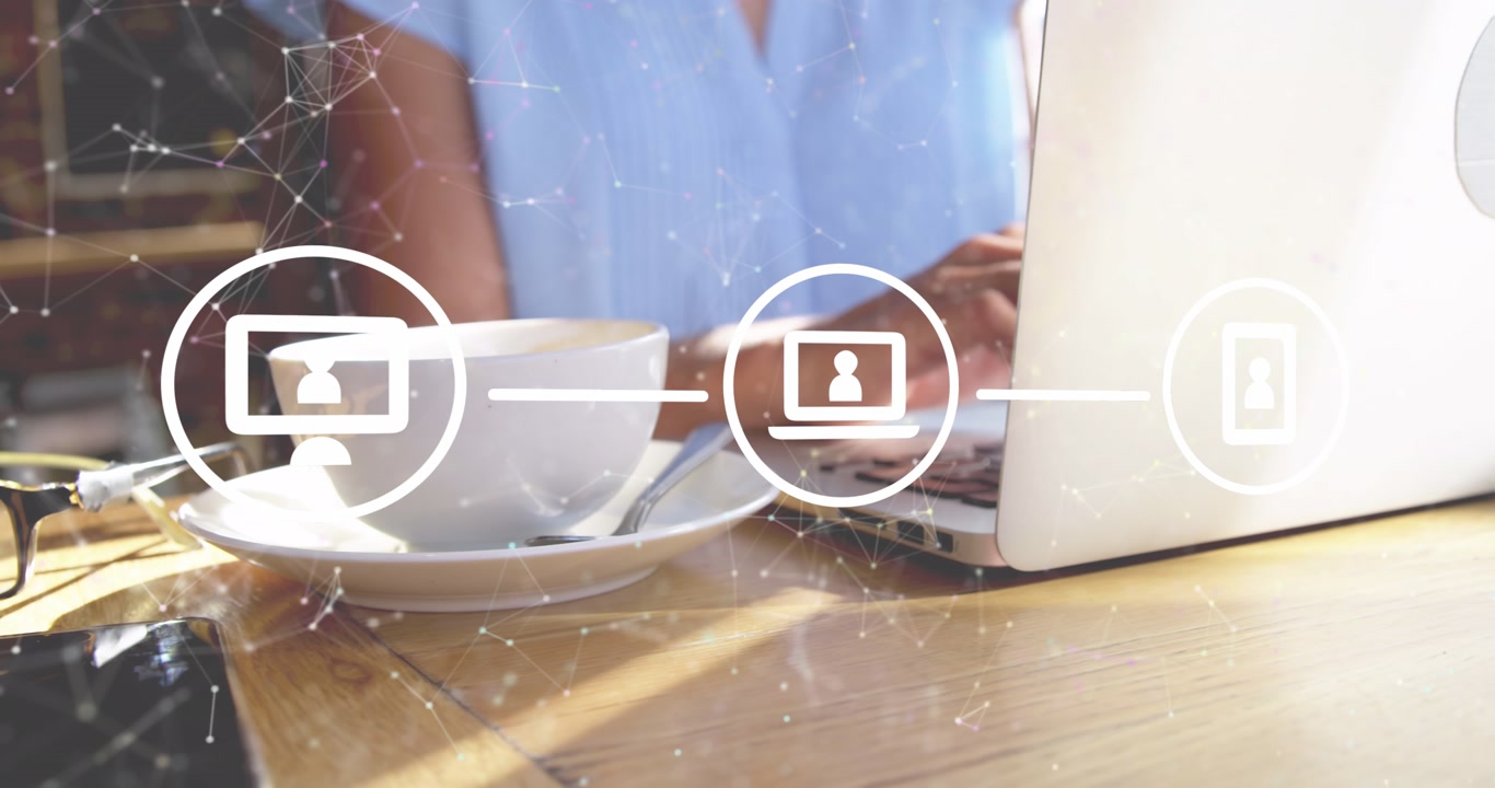 Animation of icons and connected dots over midsection of caucasian woman using laptop