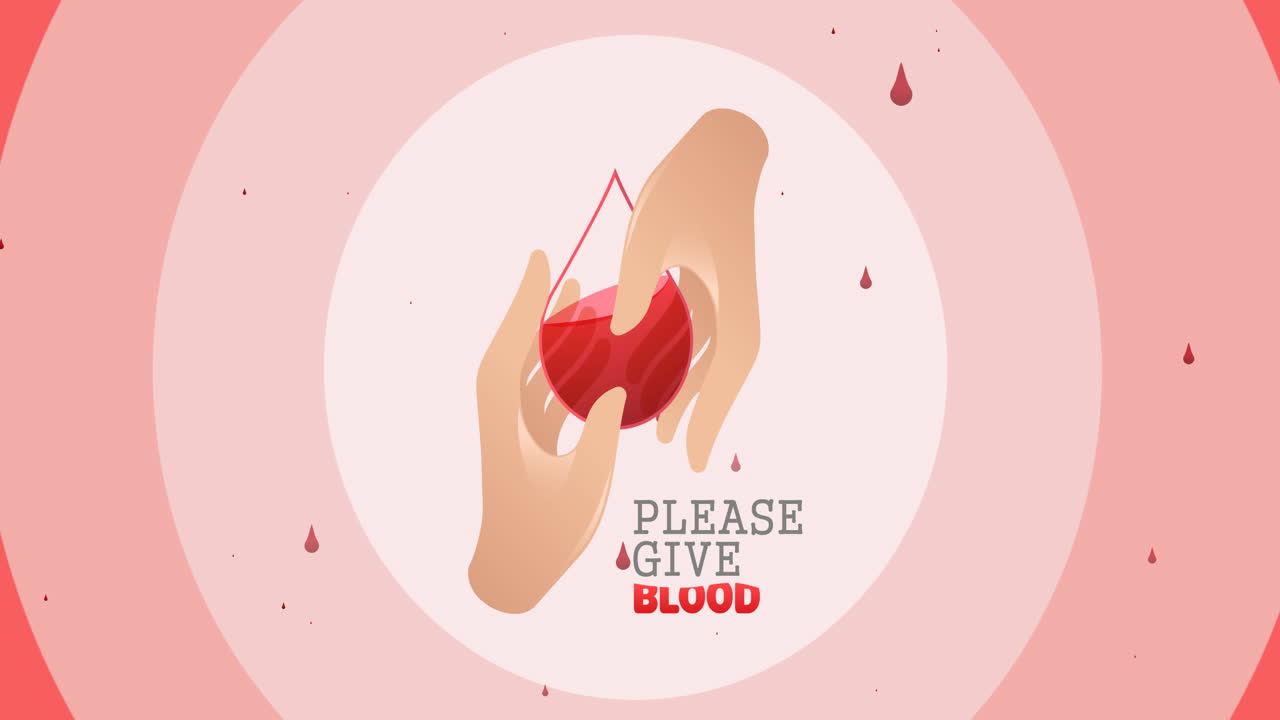 손과 물방울 로고와 분홍색 원 위에 혈액의 물방울이 있는 혈액 텍스트를 부탁드립니다.