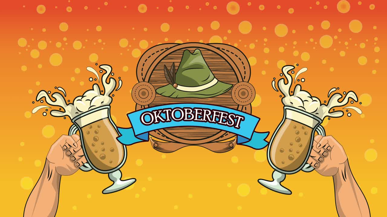 feliz celebración de oktoberfest animación con las manos brindando con cervezas y sombrero de alemania
