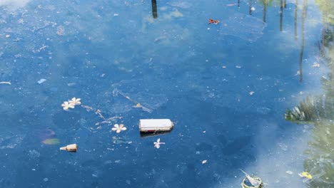 debris floats on a polluted water surface in phuket, thailand, highlighting environmental concerns. the scene is captured with steady camera work