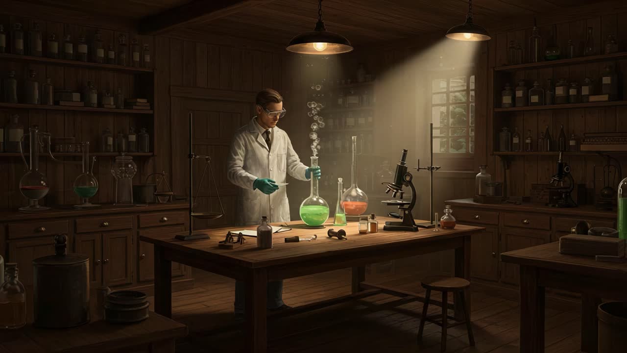 A dedicated scientist conducts an experiment in a vintage laboratory, combining colorful substances and observing reactions in a well-equipped workspace bathed in warm light