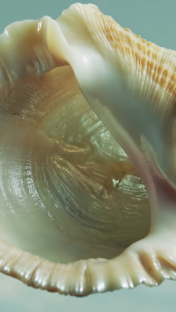 Vertical video: Panning camera, revealing conch shell inner spiral on teal tabletop, glowing softly