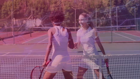 two women shaking hands over tennis net with digital network animation overlay
