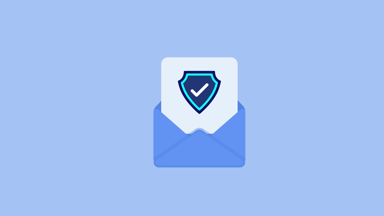 Secure email shield protection with tick icon animation isolated on blue background