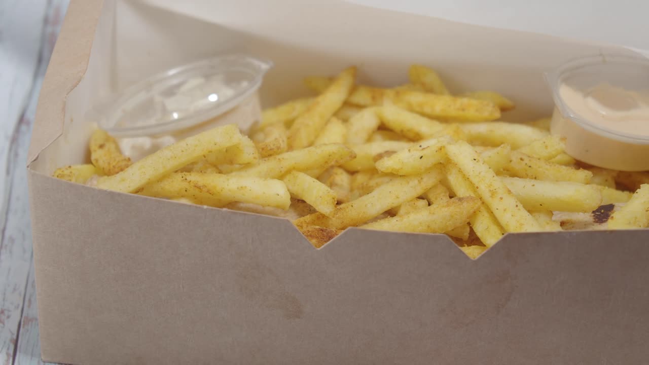 Patatine fritte e condimenti in una scatola di cartone