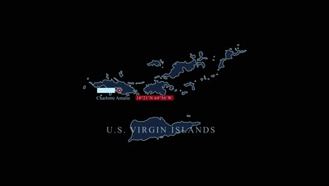 azul estilizado islas vírgenes de los estados unidos mapa con charlotte amalie ciudad capital y coordenadas geográficas en fondo negro