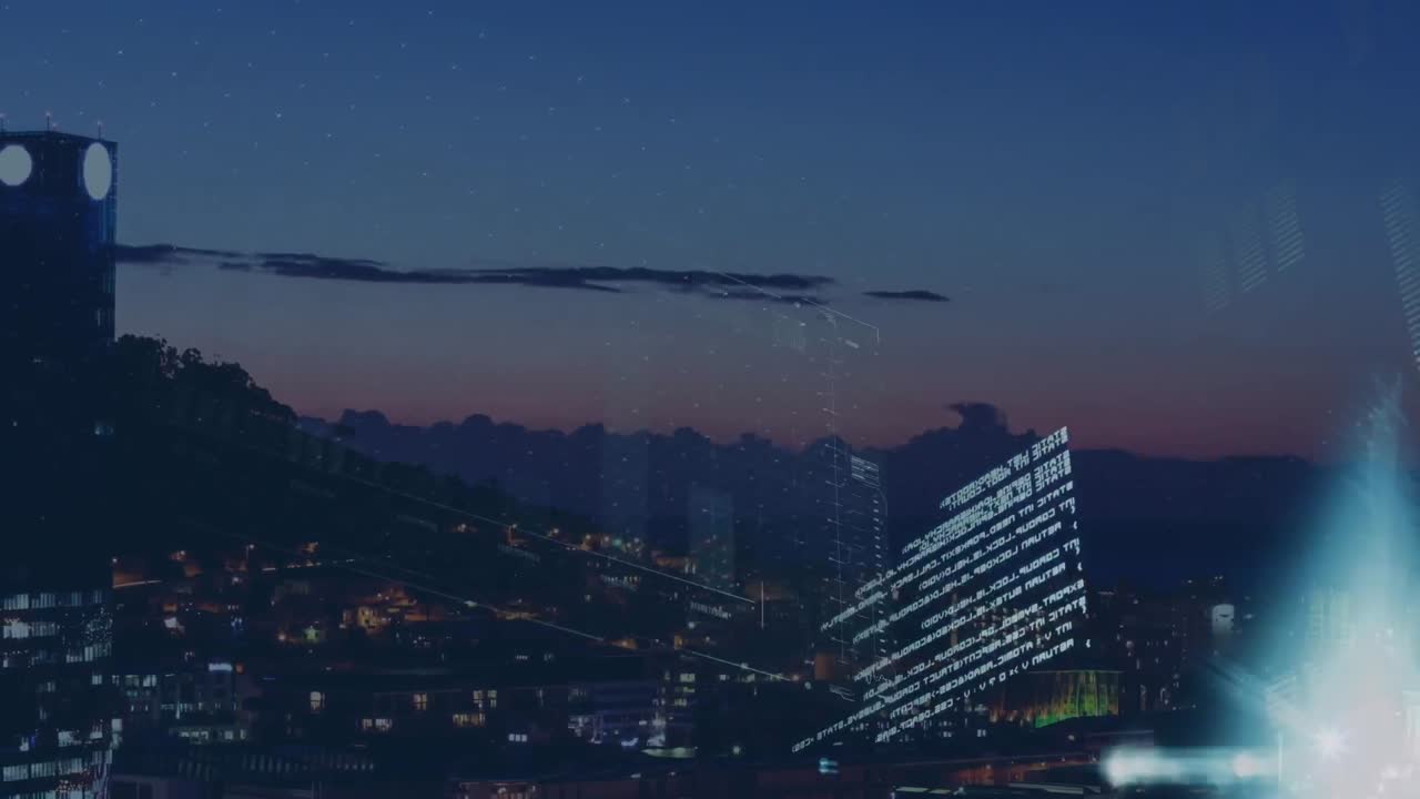 하늘을 배경으로 실루 도시 풍경의 공중 전망 위에 그래프와 함께 hud 인터페이스의 애니메이션.