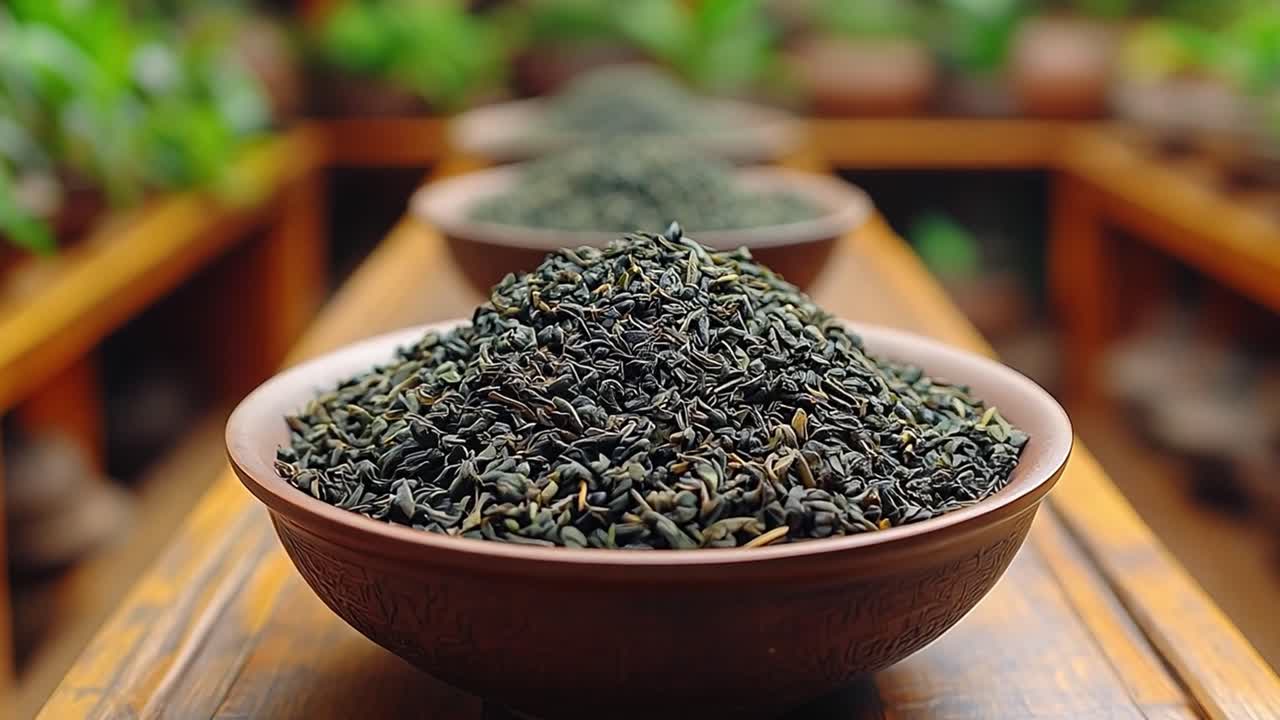 Bowls of loose leaf green tea on a wooden table
