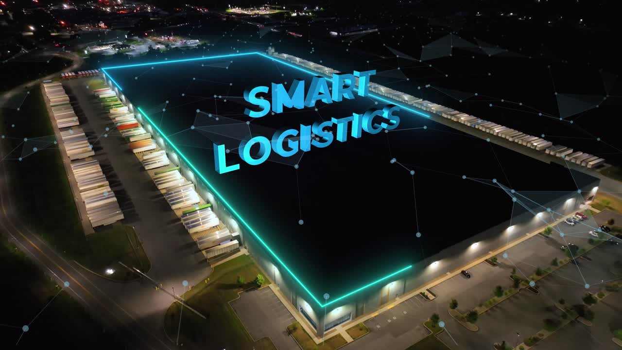 화물 배달을 위해 준비된 운송 트럭과 함께 산업 창고의 스마트 물류 개념.