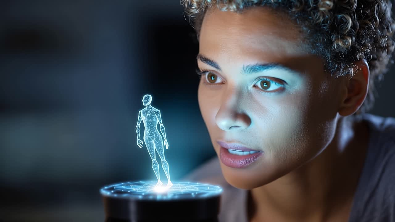 Mulher observa atentamente uma figura holográfica brilhante. A mão paira perto da forma etérea, sugerindo controle. Luz azul suave pulsa sob a projeção. A expressão revela foco e curiosidade silenciosa.