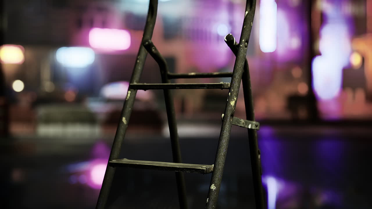 Ladder standing under city lights during a vibrant night atmosphere