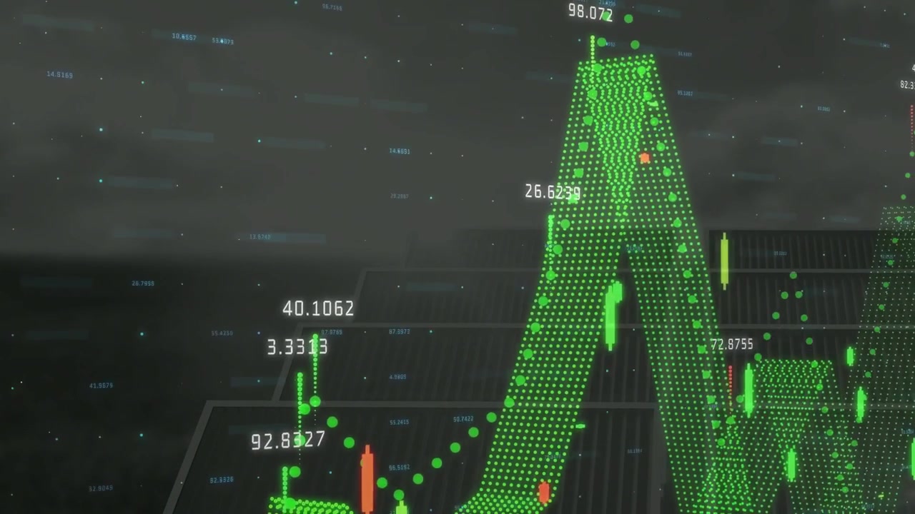 Grafico finanziario 3D con punti verdi che appaiono alla base, nastro punteggiato che si sposta, candele che salgono per mostrare la tendenza
