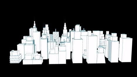 3d animation of cityscape model with white buildings on black background